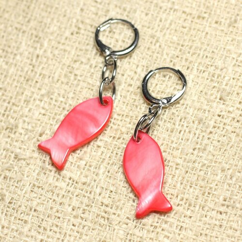 Boucles d'oreilles nacre poissons 23mm rouge rose