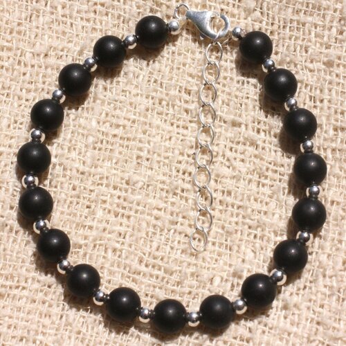 Bracelet argent 925 et pierre - onyx noir mat givré 6mm