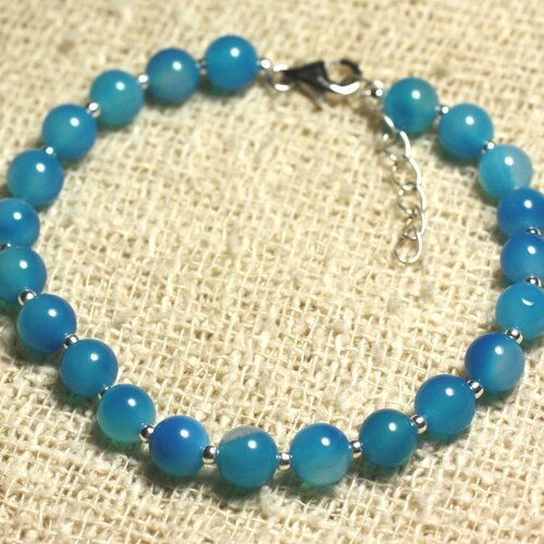 Bracelet argent 925 et pierre - agate bleue 6mm