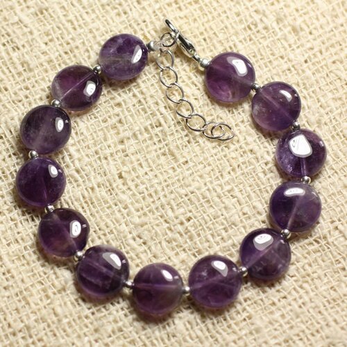 Bracelet argent 925 et pierre - améthyste palets 10mm