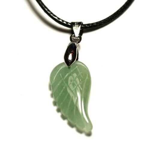 Collier pendentif en pierre - aile gravée 24mm aventurine verte