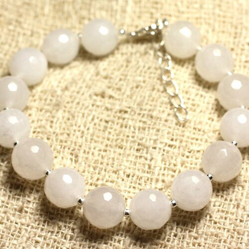 Bracelet argent 925 et pierre - jade blanche facettée 10mm