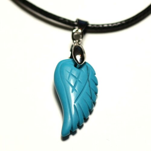 Collier pendentif en pierre - aile gravée 24mm turquoise synthèse