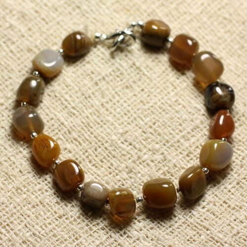 Bracelet argent 925 et pierre - agate bois fossile nuggets 8mm