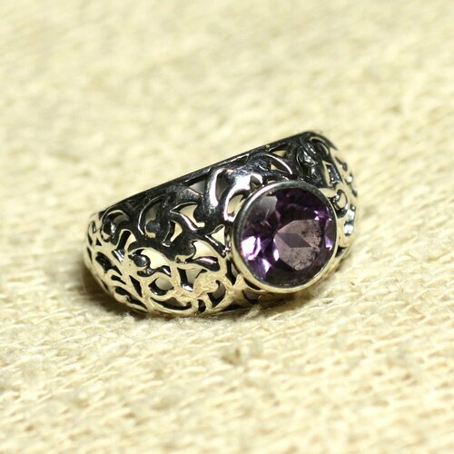 N112 - bague argent 925 et pierre filigrane arabesques - améthyste rond facetté 8mm