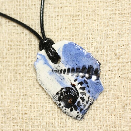 Collier pendentif céramique empreinte coquillage bleu 35x26mm