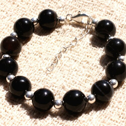 Bracelet argent 925 et pierre - agate noire 10mm