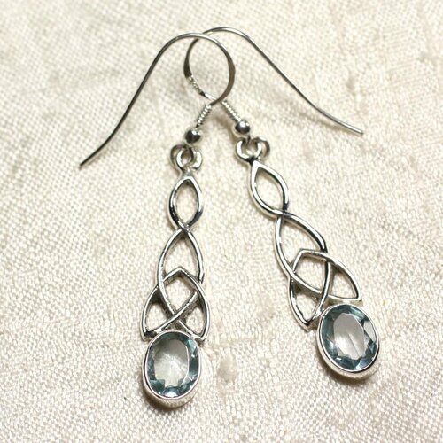 Bo241 - boucles d'oreilles argent 925 et pierre topaze bleue noeud celtique 36mm