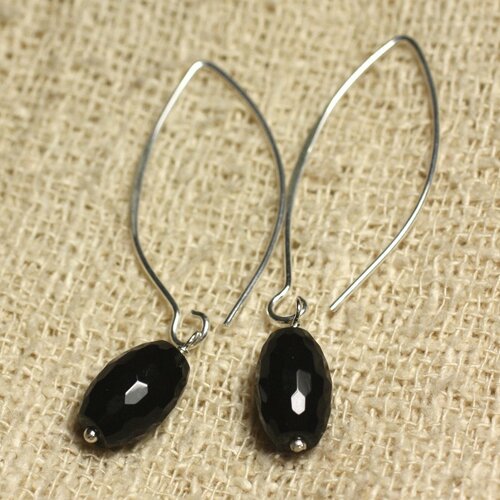Boucles d'oreilles argent 925 crochets 40mm - onyx noir olives facettées 12x8mm