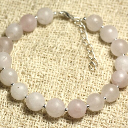 Bracelet argent 925 et pierre semi précieuse - quartz rose mat 8mm