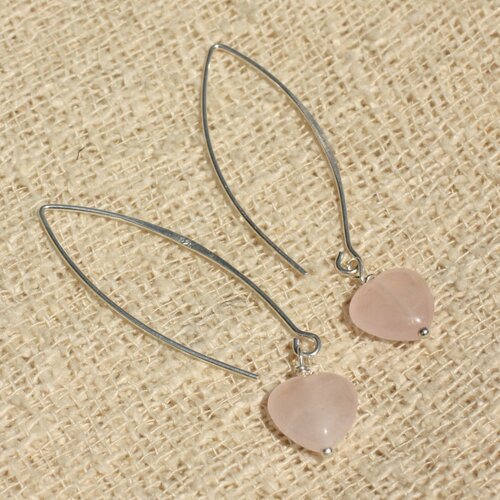 Boucles oreilles argent 925 et pierre - quartz rose coeurs 10mm longs crochets