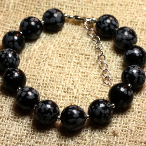 Bracelet argent 925 et pierre - obsidienne flocon de neige mouchetée 10mm