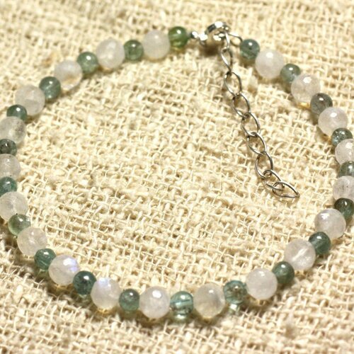 Bracelet argent 925 et pierre de lune arc en ciel facettée 5mm et apatite 3mm