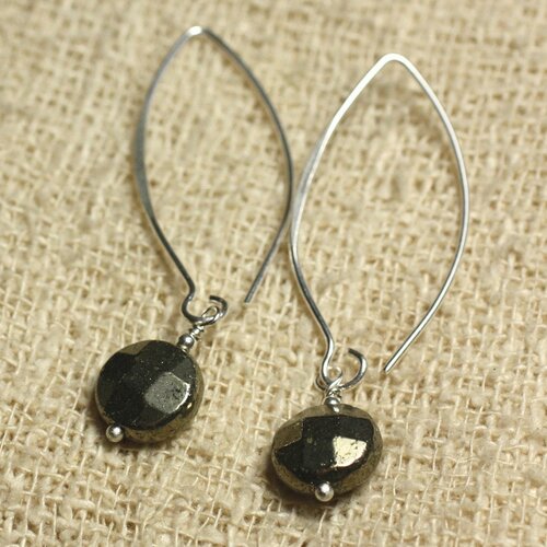 Boucles d'oreilles argent 925 crochets 40mm - pyrite dorée palets facettés 10mm
