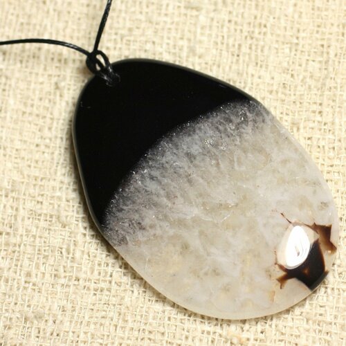 Collier pendentif en pierre - agate et quartz noir et blanc goutte 62mm n1