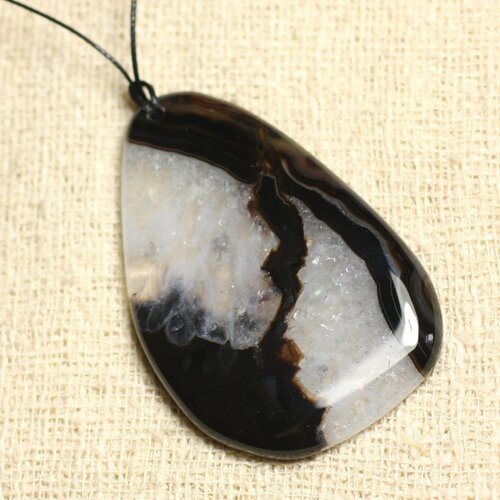 Collier pendentif en pierre - agate et quartz noir et blanc goutte 63mm n2