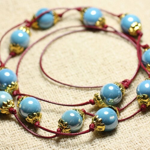 Collier sautoir 95cm coton et céramique bleu turquoise 12mm