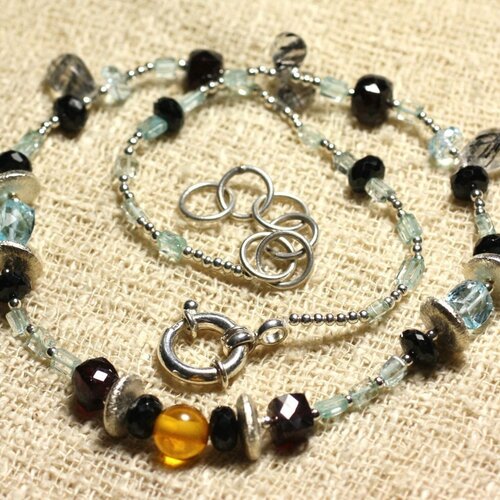 Collier argent 925 et pierres aigue marine, ambre, grenat, spinelle, quartz tourmaline