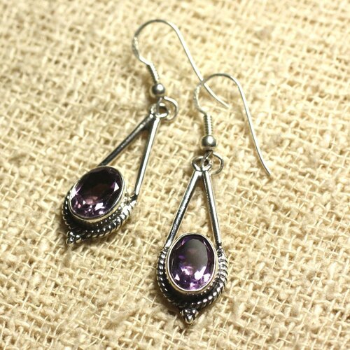 Bo212 - boucles d'oreilles argent 925 28mm - améthyste facettée ovales 9x7mm