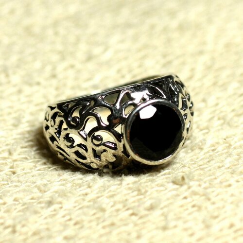 N112 - bague argent 925 et pierre filigrane arabesques - onyx noir rond facetté 8mm