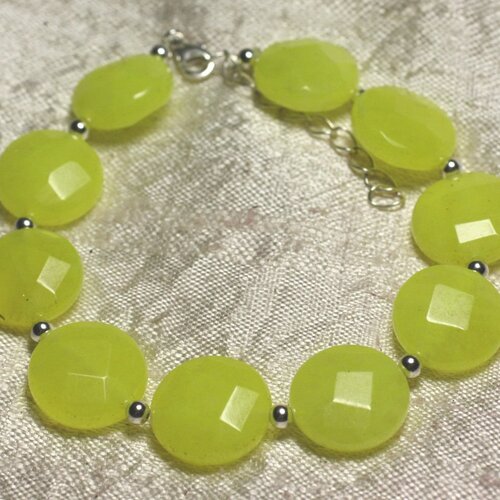 Bracelet argent 925 et pierre - jade jaune palets facettés 14mm