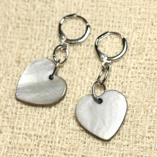 Boucles d'oreilles nacre coeurs 18mm gris