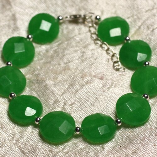Bracelet argent 925 et pierre - jade verte palets facettés 14mm
