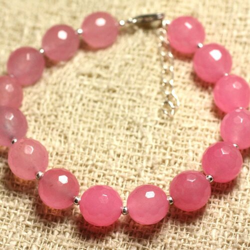 Bracelet argent 925 et pierre - jade rose facettée 10mm