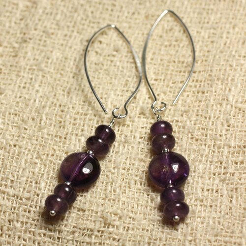 Boucles d'oreilles argent 925 crochets 40mm - améthyste palets 10mm