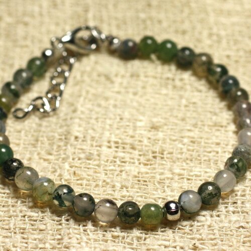 Bracelet argent 925 et pierre semi précieuse agate mousse 4mm