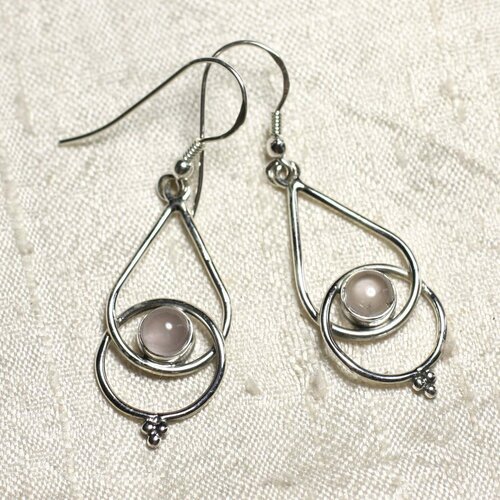Bo205 - boucles d'oreilles argent 925 et pierre quartz rose gouttes 36mm