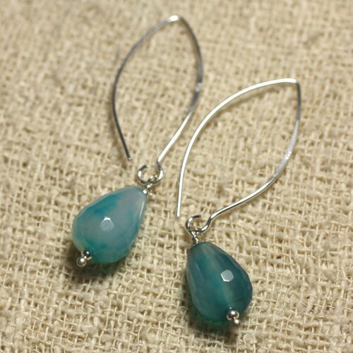 Boucles d'oreilles argent 925 crochets 40mm - agate bleue gouttes facettées 14x10mm