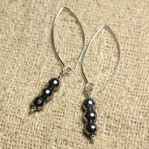 Boucles d'oreilles argent 925 crochets 40mm - hématite rhodium facettée 6mm