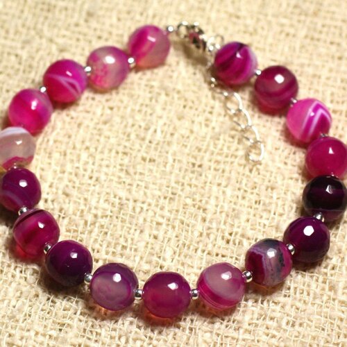 Bracelet argent 925 et pierre semi précieuse - agate rose facettée 8mm