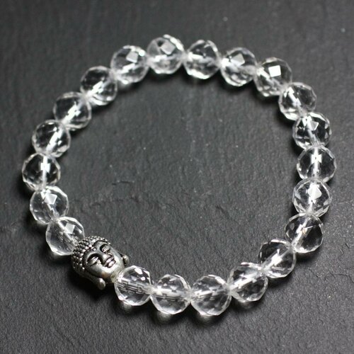Bracelet bouddha et pierre semi précieuse - cristal de roche quartz facetté