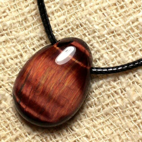 Collier pendentif pierre - oeil de taureau tigre rouge goutte 25mm