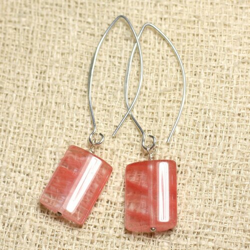 Boucles d'oreilles argent 925 et pierre - quartz cerise rectangles 18mm