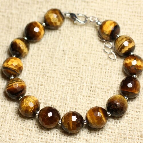 Bracelet argent 925 et pierre - oeil de tigre boules facettées 10mm