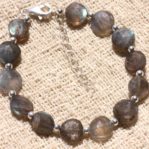 Bracelet argent 925 et perles de pierre labradorite palets 10mm