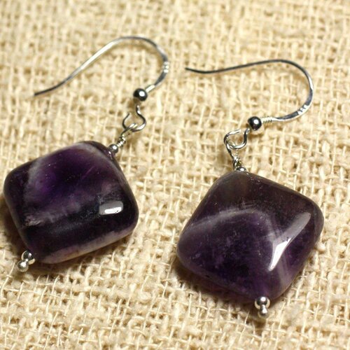 Boucles d'oreilles argent 925 et pierre - améthyste losanges 19x16mm