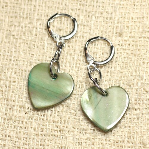 Boucles d'oreilles nacre coeurs 18mm vert kaki