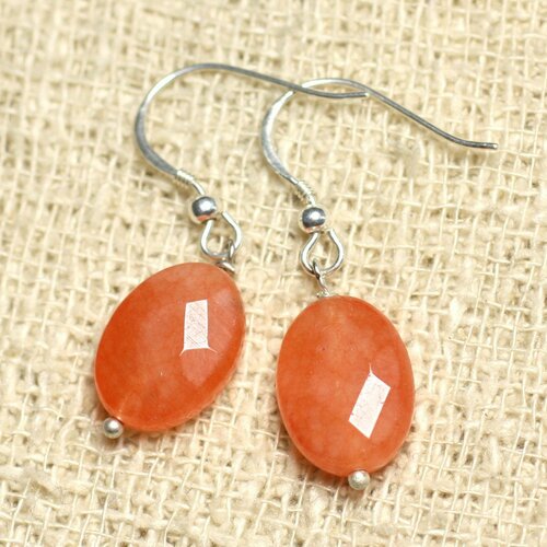 Boucles d'oreilles argent 925 et pierre - jade orange ovales facettés 14mm