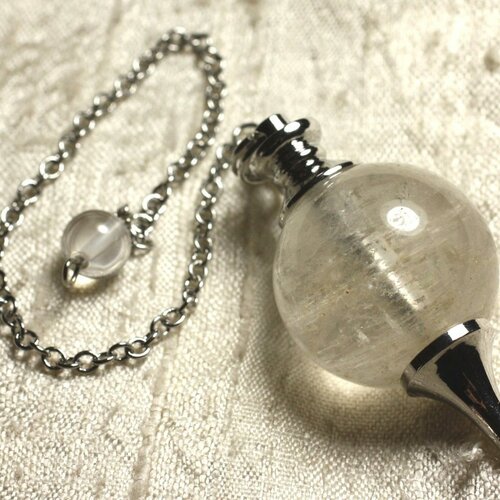 Pendule métal argenté rhodium et pierre semi précieuse - cristal de roche quartz boule 25mm