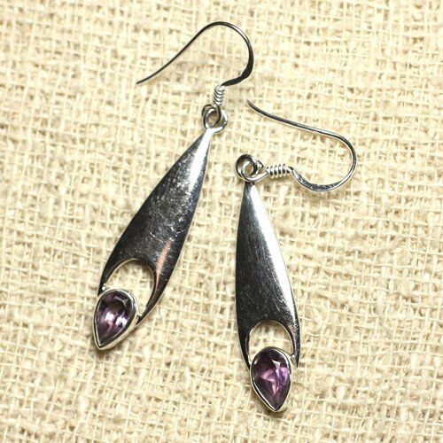 Bo222 - boucles d'oreilles argent 925 et pierre - gouttes 35mm améthyste