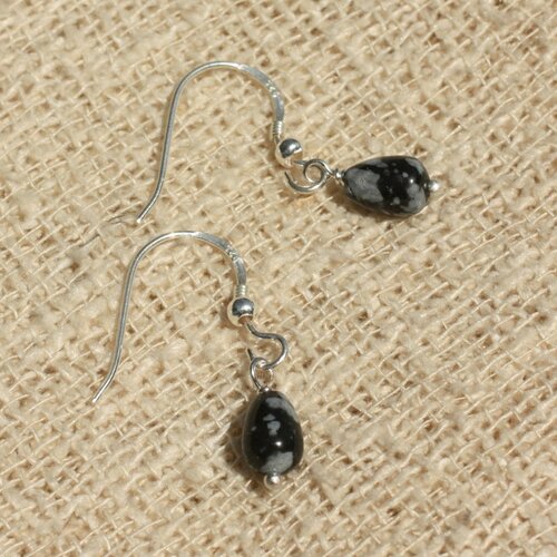 Boucles d'oreilles argent 925 - obsidienne flocon gouttes 7x5mm
