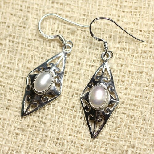 Bo220 - boucles d'oreilles argent 925 - losange filigrane 28mm perles d'eau douce culture