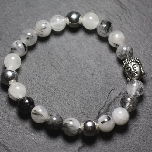 Bracelet bouddha et pierre semi précieuse - quartz tourmaline 8mm