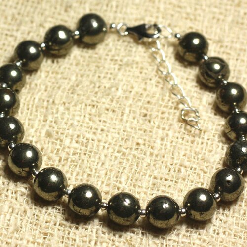 Bracelet argent 925 et pierre semi précieuse - pyrite dorée 8mm