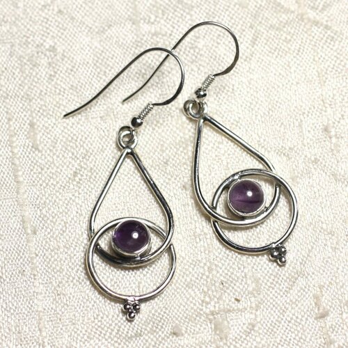 Bo205 - boucles d'oreilles argent 925 et pierre améthyste gouttes 36mm