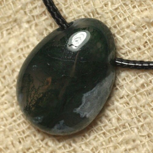 Collier pendentif en pierre - agate mousse goutte 25mm